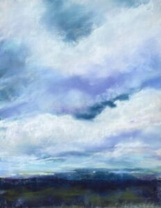 An Expanse of blues and violet sky over a rural foreground in Soft Pastels on Sanded Paper